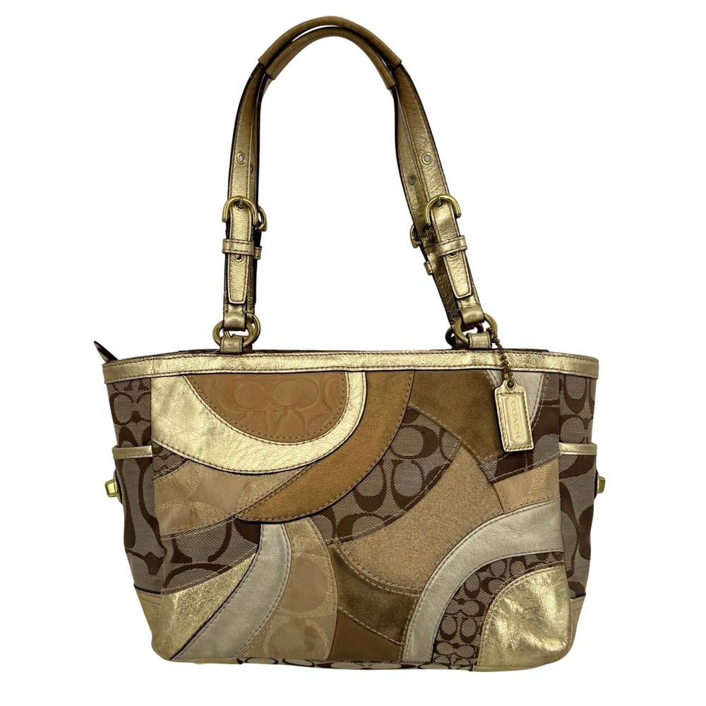 Coach Patchwork Signature Metallic Gold Brown Tote Shoulder Bag F14004 Boho Y2K - Picture 2 of 16